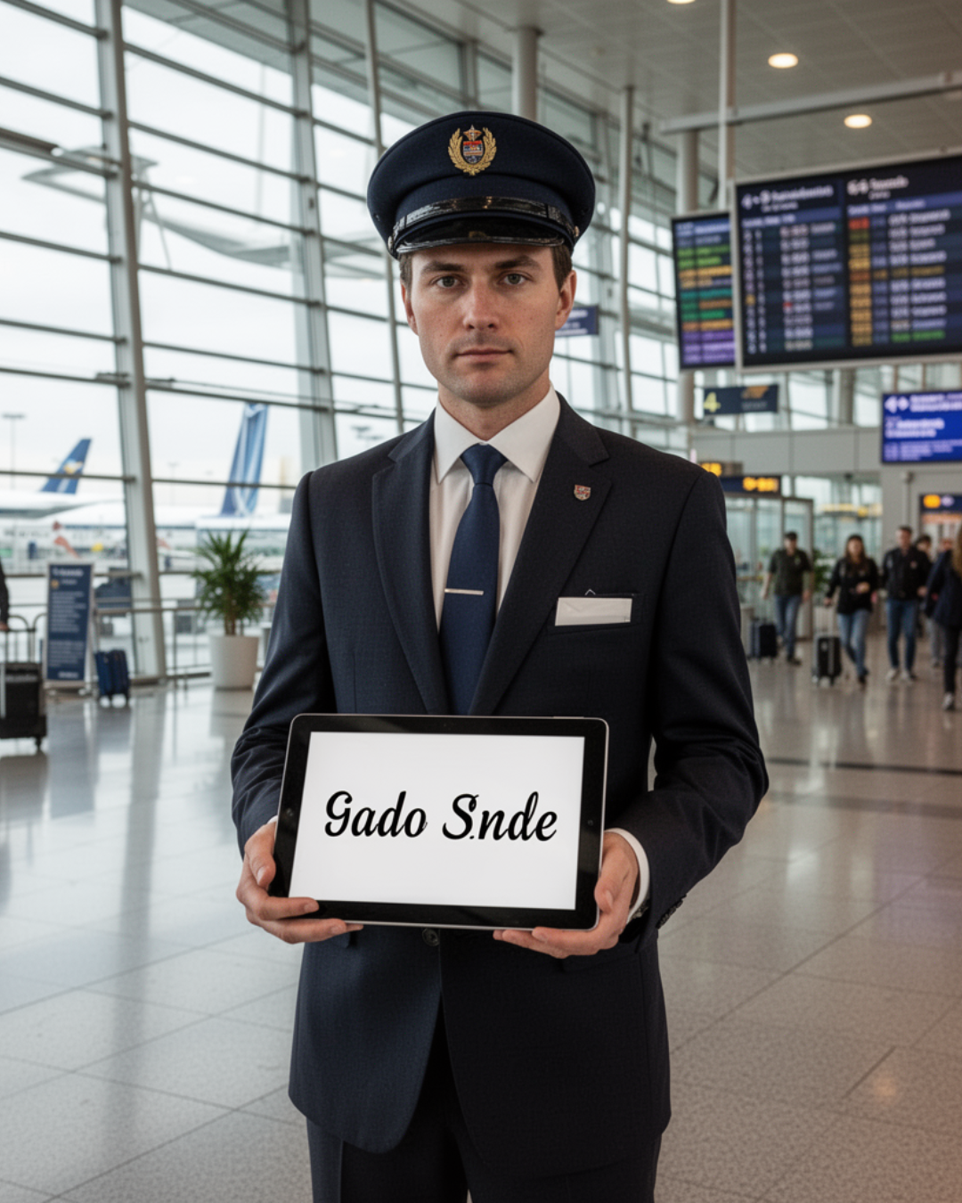Chauffeur professionnel attendant le client à l'aéroport avec tablette de suivi de vol